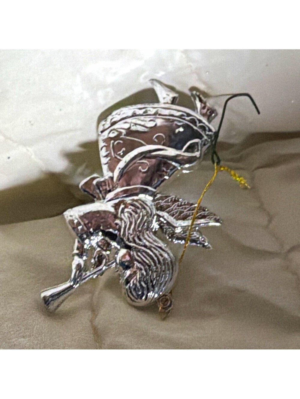 Silver Tone Plastic Angel with Horn Hanging Christmas Holiday Ornament